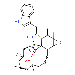 ChemSpider 2D Image | 7-Hydroxy-14-(1H-indol-3-ylmethyl)-4,6,15,15a-tetramethyl-4,7,14,14a,15,15a,16a,16b-octahydro-3H-cyclotrideca[d]oxireno[f]isoindole-8,11,12(13H)-trione | C32H36N2O5