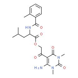 ChemSpider 2D Image | 2-(6-Amino-1,3-dimethyl-2,4-dioxo-1,2,3,4-tetrahydro-5-pyrimidinyl)-2-oxoethyl N-(2-methylbenzoyl)leucinate | C22H28N4O6