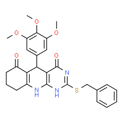 ChemSpider 2D Image | 2-(Benzylsulfanyl)-5-(3,4,5-trimethoxyphenyl)-5,8,9,10-tetrahydropyrimido[4,5-b]quinoline-4,6(1H,7H)-dione | C27H27N3O5S