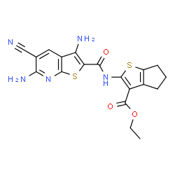 ChemSpider 2D Image | Ethyl 2-{[(3,6-diamino-5-cyanothieno[2,3-b]pyridin-2-yl)carbonyl]amino}-5,6-dihydro-4H-cyclopenta[b]thiophene-3-carboxylate | C19H17N5O3S2