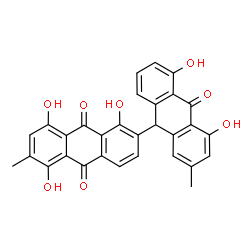 ChemSpider 2D Image | 1,4',5,5',8-Pentahydroxy-2',6-dimethyl-2,9'-bianthracene-9,10,10'(9'H)-trione | C30H20O8
