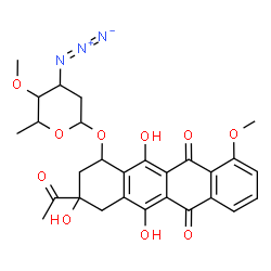 ChemSpider 2D Image | 3-Acetyl-3,5,12-trihydroxy-10-methoxy-6,11-dioxo-1,2,3,4,6,11-hexahydro-1-tetracenyl 3-azido-2,3,6-trideoxy-4-O-methylhexopyranoside | C28H29N3O10