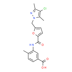 ChemSpider 2D Image | 3-({5-[(4-Chloro-3,5-dimethyl-1H-pyrazol-1-yl)methyl]-2-furoyl}amino)-4-methylbenzoic acid | C19H18ClN3O4
