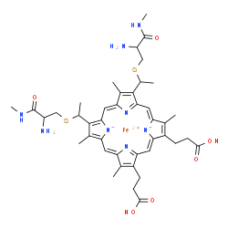 ChemSpider 2D Image | Iron(2+) (1Z,6Z,12Z,17Z)-4,9-bis(1-{[2-amino-3-(methylamino)-3-oxopropyl]sulfanyl}ethyl)-15,19-bis(2-carboxyethyl)-5,10,14,20-tetramethyl-21,22,23,24-tetraazapentacyclo[16.2.1.1~3,6~.1~8,11~.1~13,16~]
tetracosa-1,3(24),4,6,8,10,12,14,16(22),17,19-undecaene-21,23-diide | C42H52FeN8O6S2