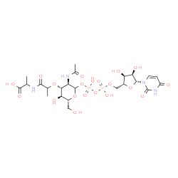 ChemSpider 2D Image | 2-[(2-{[(3R,4R,5S,6R)-3-Acetamido-2-{[{[{[(2R,3S,4R,5R)-5-(2,4-dioxo-3,4-dihydro-1(2H)-pyrimidinyl)-3,4-dihydroxytetrahydro-2-furanyl]methoxy}(hydroxy)phosphoryl]oxy}(hydroxy)phosphoryl]oxy}-5-hydroxy
-6-(hydroxymethyl)tetrahydro-2H-pyran-4-yl]oxy}propanoyl)amino]propanoic acid | C23H36N4O20P2