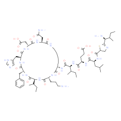 ChemSpider 2D Image | N-({2-[(1S)-1-Amino-2-methylbutyl]-4,5-dihydro-1,3-thiazol-5-yl}carbonyl)leucyl-D-alpha-glutamyl-N-[(3S,6R,9S,12R,15S,18R,21S)-3-(2-amino-2-oxoethyl)-18-(3-aminopropyl)-12-benzyl-15-sec-butyl-6-(carbo
xymethyl)-9-(1H-imidazol-5-ylmethyl)-2,5,8,11,14,17,20-heptaoxo-1,4,7,10,13,16,19-heptaazacyclopentacosan-21-yl]-L-isoleucinamide | C66H103N17O16S