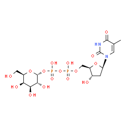 ChemSpider 2D Image | [(2R,3S,5R)-3-Hydroxy-5-(5-methyl-2,4-dioxo-3,4-dihydro-1(2H)-pyrimidinyl)tetrahydro-2-furanyl]methyl (2R,3R,4S,5R,6R)-3,4,5-trihydroxy-6-(hydroxymethyl)tetrahydro-2H-pyran-2-yl dihydrogen diphosphate | C16H26N2O16P2