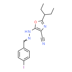 ChemSpider 2D Image | 5-[2-(4-Iodobenzylidene)hydrazino]-2-(3-pentanyl)-1,3-oxazole-4-carbonitrile | C16H17IN4O