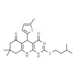 ChemSpider 2D Image | pyrimido[4,5-b]quinoline-4,6(3H,7H)-dione, 5,8,9,10-tetrahydro-8,8-dimethyl-2-[(3-methylbutyl)thio]-5-(5-methyl-2-thienyl)- | C23H29N3O2S2