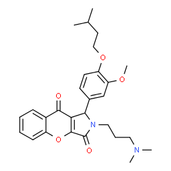 ChemSpider 2D Image | 2-[3-(Dimethylamino)propyl]-1-[3-methoxy-4-(3-methylbutoxy)phenyl]-1,2-dihydrochromeno[2,3-c]pyrrole-3,9-dione | C28H34N2O5