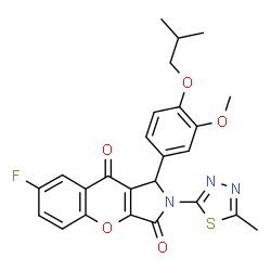 ChemSpider 2D Image | 7-Fluoro-1-(4-isobutoxy-3-methoxyphenyl)-2-(5-methyl-1,3,4-thiadiazol-2-yl)-1,2-dihydrochromeno[2,3-c]pyrrole-3,9-dione | C25H22FN3O5S