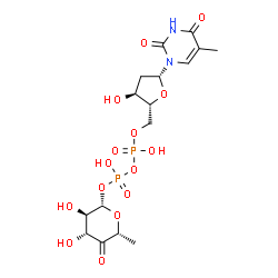 ChemSpider 2D Image | (2S,3R,4R,6R)-3,4-Dihydroxy-6-methyl-5-oxotetrahydro-2H-pyran-2-yl [(2R,3S,5R)-3-hydroxy-5-(5-methyl-2,4-dioxo-3,4-dihydro-1(2H)-pyrimidinyl)tetrahydro-2-furanyl]methyl dihydrogen diphosphate (non-pre
ferred name) | C16H24N2O15P2