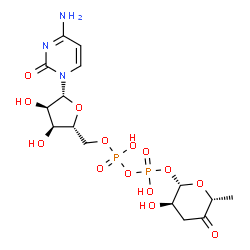 ChemSpider 2D Image | [(2R,3S,4R,5R)-5-(4-Amino-2-oxo-1(2H)-pyrimidinyl)-3,4-dihydroxytetrahydro-2-furanyl]methyl (2S,3R,6R)-3-hydroxy-6-methyl-5-oxotetrahydro-2H-pyran-2-yl dihydrogen diphosphate | C15H23N3O14P2