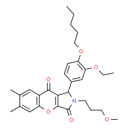 ChemSpider 2D Image | 1-[3-Ethoxy-4-(pentyloxy)phenyl]-2-(3-methoxypropyl)-6,7-dimethyl-1,2-dihydrochromeno[2,3-c]pyrrole-3,9-dione | C30H37NO6