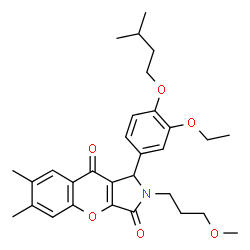ChemSpider 2D Image | 1-[3-Ethoxy-4-(3-methylbutoxy)phenyl]-2-(3-methoxypropyl)-6,7-dimethyl-1,2-dihydrochromeno[2,3-c]pyrrole-3,9-dione | C30H37NO6