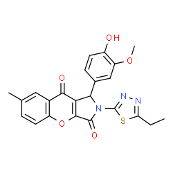 ChemSpider 2D Image | 2-(5-Ethyl-1,3,4-thiadiazol-2-yl)-1-(4-hydroxy-3-methoxyphenyl)-7-methyl-1,2-dihydrochromeno[2,3-c]pyrrole-3,9-dione | C23H19N3O5S