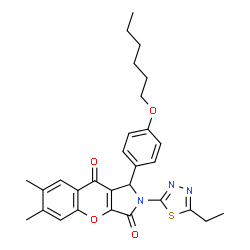 ChemSpider 2D Image | 2-(5-Ethyl-1,3,4-thiadiazol-2-yl)-1-[4-(hexyloxy)phenyl]-6,7-dimethyl-1,2-dihydrochromeno[2,3-c]pyrrole-3,9-dione | C29H31N3O4S