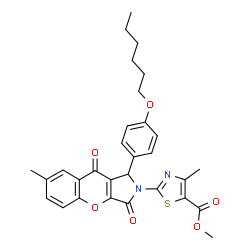 ChemSpider 2D Image | Methyl 2-{1-[4-(hexyloxy)phenyl]-7-methyl-3,9-dioxo-3,9-dihydrochromeno[2,3-c]pyrrol-2(1H)-yl}-4-methyl-1,3-thiazole-5-carboxylate | C30H30N2O6S