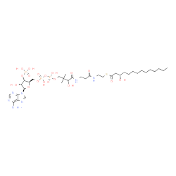 ChemSpider 2D Image | S-{1-[(2R,3S,4R,5R)-5-(6-Amino-9H-purin-9-yl)-4-hydroxy-3-(phosphonooxy)tetrahydro-2-furanyl]-3,5,9-trihydroxy-8,8-dimethyl-3,5-dioxido-10,14-dioxo-2,4,6-trioxa-11,15-diaza-3lambda~5~,5lambda~5~-dipho
sphaheptadecan-17-yl} (3S)-3-hydroxytetradecanethioate | C35H62N7O18P3S
