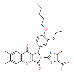 ChemSpider 2D Image | 2-(5-Acetyl-4-methyl-1,3-thiazol-2-yl)-1-[3-ethoxy-4-(pentyloxy)phenyl]-6,7-dimethyl-1,2-dihydrochromeno[2,3-c]pyrrole-3,9-dione | C32H34N2O6S