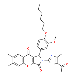 ChemSpider 2D Image | 2-(5-Acetyl-4-methyl-1,3-thiazol-2-yl)-1-[4-(hexyloxy)-3-methoxyphenyl]-6,7-dimethyl-1,2-dihydrochromeno[2,3-c]pyrrole-3,9-dione | C32H34N2O6S