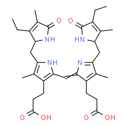 ChemSpider 2D Image | 3,18-diethyl-1,4,5,15,16,19,22,24-octahydro-2,7,13,17-tetramethyl-1,19-dioxo-21H-biline-8,12-dipropanoic acid | C33H42N4O6
