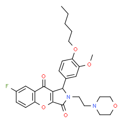 ChemSpider 2D Image | 7-Fluoro-1-[3-methoxy-4-(pentyloxy)phenyl]-2-[2-(4-morpholinyl)ethyl]-1,2-dihydrochromeno[2,3-c]pyrrole-3,9-dione | C29H33FN2O6