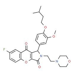 ChemSpider 2D Image | 7-Fluoro-1-[3-methoxy-4-(3-methylbutoxy)phenyl]-2-[2-(4-morpholinyl)ethyl]-1,2-dihydrochromeno[2,3-c]pyrrole-3,9-dione | C29H33FN2O6