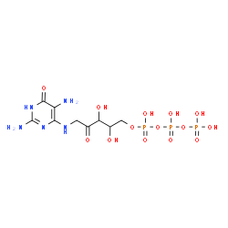 ChemSpider 2D Image | 1-Deoxy-1-[(2,5-diamino-6-oxo-1,6-dihydro-4-pyrimidinyl)amino]-5-O-(hydroxy{[hydroxy(phosphonooxy)phosphoryl]oxy}phosphoryl)pent-2-ulose | C9H18N5O14P3