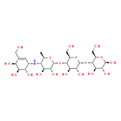 ChemSpider 2D Image | 4,6-Dideoxy-4-{[(1S,4S,5S,6S)-4,5,6-trihydroxy-3-(hydroxymethyl)-2-cyclohexen-1-yl]amino}-alpha-D-glucopyranosyl-(1->4)-alpha-D-glucopyranosyl-(1->4)-beta-D-glucopyranose | C25H43NO18