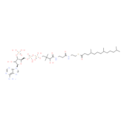 ChemSpider 2D Image | S-{1-[(2R,3S,4R,5R)-5-(6-Amino-9H-purin-9-yl)-4-hydroxy-3-(phosphonooxy)tetrahydro-2-furanyl]-3,5,9-trihydroxy-8,8-dimethyl-3,5-dioxido-10,14-dioxo-2,4,6-trioxa-11,15-diaza-3lambda~5~,5lambda~5~-dipho
sphaheptadecan-17-yl} 4,8,12-trimethyltridecanethioate | C37H66N7O17P3S