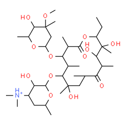 ChemSpider 2D Image | 2-({14-Ethyl-7,12,13-trihydroxy-4-[(5-hydroxy-4-methoxy-4,6-dimethyltetrahydro-2H-pyran-2-yl)oxy]-3,5,7,9,11,13-hexamethyl-2,10-dioxooxacyclotetradecan-6-yl}oxy)-3-hydroxy-N,N,6-trimethyltetrahydro-2H
-pyran-4-aminium | C37H68NO13
