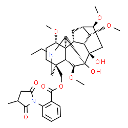 ChemSpider 2D Image | [(1alpha,6beta,14alpha,16beta)-20-Ethyl-7,8-dihydroxy-1,6,14,16-tetramethoxyaconitan-4-yl]methyl 2-(3-methyl-2,5-dioxo-1-pyrrolidinyl)benzoate | C37H50N2O10