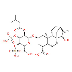 ChemSpider 2D Image | (1R,4R,5R,7R,9R,10S,13R,15S)-15-Hydroxy-9-methyl-7-{[2-O-(3-methylbutanoyl)-3,4-di-O-sulfo-beta-D-glucopyranosyl]oxy}-14-methylenetetracyclo[11.2.1.0~1,10~.0~4,9~]hexadecane-5-carboxylic acid | C30H46O16S2