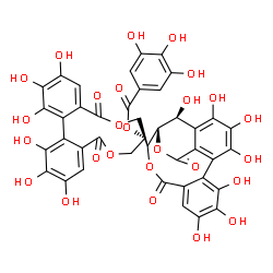 ChemSpider 2D Image | (7R,8R)-7-[(14R,15S,19S)-2,3,4,7,8,9,19-Heptahydroxy-12,17-dioxo-13,16-dioxatetracyclo[13.3.1.0~5,18~.0~6,11~]nonadeca-1(18),2,4,6,8,10-hexaen-14-yl]-1,2,3,13,14,15-hexahydroxy-5,11-dioxo-5,8,9,11-tet
rahydro-7H-dibenzo[g,i][1,5]dioxacycloundecin-8-yl 3,4,5-trihydroxybenzoate | C41H28O26
