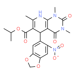 ChemSpider 2D Image | Isopropyl 1,3,7-trimethyl-5-(6-nitro-1,3-benzodioxol-5-yl)-2,4-dioxo-1,2,3,4,5,8-hexahydropyrido[2,3-d]pyrimidine-6-carboxylate | C21H22N4O8