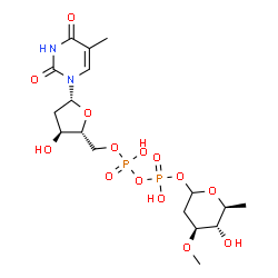 ChemSpider 2D Image | (4S,5S,6S)-5-Hydroxy-4-methoxy-6-methyltetrahydro-2H-pyran-2-yl [(2R,3S,5R)-3-hydroxy-5-(5-methyl-2,4-dioxo-3,4-dihydro-1(2H)-pyrimidinyl)tetrahydro-2-furanyl]methyl dihydrogen diphosphate (non-prefer
red name) | C17H28N2O14P2