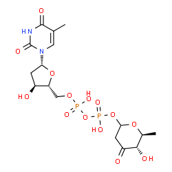 ChemSpider 2D Image | [(2R,3S,5R)-3-Hydroxy-5-(5-methyl-2,4-dioxo-3,4-dihydro-1(2H)-pyrimidinyl)tetrahydro-2-furanyl]methyl (5S,6S)-5-hydroxy-6-methyl-4-oxotetrahydro-2H-pyran-2-yl dihydrogen diphosphate (non-preferred nam
e) | C16H24N2O14P2