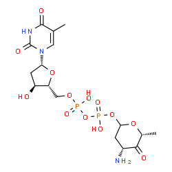 ChemSpider 2D Image | (4R,6R)-4-Amino-6-methyl-5-oxotetrahydro-2H-pyran-2-yl [(2R,3S,5R)-3-hydroxy-5-(5-methyl-2,4-dioxo-3,4-dihydro-1(2H)-pyrimidinyl)tetrahydro-2-furanyl]methyl dihydrogen diphosphate | C16H25N3O13P2