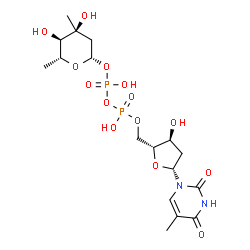 ChemSpider 2D Image | (2S,4S,5R,6R)-4,5-Dihydroxy-4,6-dimethyltetrahydro-2H-pyran-2-yl [(2R,3S,5R)-3-hydroxy-5-(5-methyl-2,4-dioxo-3,4-dihydro-1(2H)-pyrimidinyl)tetrahydro-2-furanyl]methyl dihydrogen diphosphate (non-prefe
rred name) | C17H28N2O14P2
