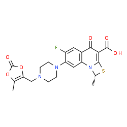 ChemSpider 2D Image | (±)-6-fluoro-1-methyl-7-(4-((5-methyl-2-oxo-1,3-dioxol-4-yl)methyl)-1-piperazinyl)-4-oxo-4H-[1,3]thiazeto[3,2-a]quinoline-3-carboxylic Acid | C21H20FN3O6S