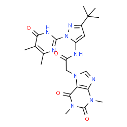ChemSpider 2D Image | 2-(1,3-Dimethyl-2,6-dioxo-1,2,3,6-tetrahydro-7H-purin-7-yl)-N-[1-(4,5-dimethyl-6-oxo-1,6-dihydro-2-pyrimidinyl)-3-(2-methyl-2-propanyl)-1H-pyrazol-5-yl]acetamide | C22H27N9O4