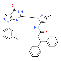 ChemSpider 2D Image | N-{1-[1-(3,4-Dimethylphenyl)-4-oxo-4,5-dihydro-1H-pyrazolo[3,4-d]pyrimidin-6-yl]-3-methyl-1H-pyrazol-5-yl}-3,3-diphenylpropanamide | C32H29N7O2
