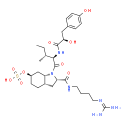 ChemSpider 2D Image | (2S,3aS,6R,7aS)-2-({4-[(Diaminomethylene)amino]butyl}carbamoyl)-1-[(2R,3R)-2-{[(2R)-2-hydroxy-3-(4-hydroxyphenyl)propanoyl]amino}-3-methylpentanoyl]octahydro-1H-indol-6-yl hydrogen sulfate (non-prefer
red name) | C29H46N6O9S