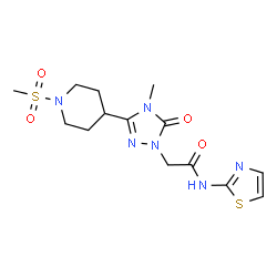 ChemSpider 2D Image | 2-{4-Methyl-3-[1-(methylsulfonyl)-4-piperidinyl]-5-oxo-4,5-dihydro-1H-1,2,4-triazol-1-yl}-N-(1,3-thiazol-2-yl)acetamide | C14H20N6O4S2