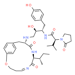 ChemSpider 2D Image | (2S)-N-[(2S,3R)-4-{[(5Z,8S,11S)-8-[(2S)-2-Butanyl]-7,10-dioxo-2-oxa-6,9-diazabicyclo[11.2.2]heptadeca-1(15),5,13,16-tetraen-11-yl]amino}-3-hydroxy-1-(4-hydroxyphenyl)-2-butanyl]-3-methyl-2-(2-oxo-1-py
rrolidinyl)butanamide | C37H51N5O7