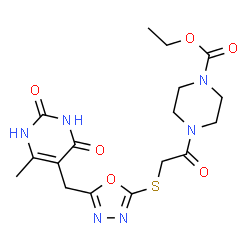 ChemSpider 2D Image | Ethyl 4-[({5-[(6-methyl-2,4-dioxo-1,2,3,4-tetrahydro-5-pyrimidinyl)methyl]-1,3,4-oxadiazol-2-yl}sulfanyl)acetyl]-1-piperazinecarboxylate | C17H22N6O6S