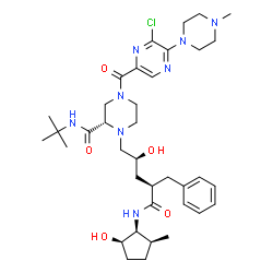 ChemSpider 2D Image | (2S)-1-[(2S,4R)-4-Benzyl-2-hydroxy-5-{[(1S,2R,5S)-2-hydroxy-5-methylcyclopentyl]amino}-5-oxopentyl]-4-{[6-chloro-5-(4-methyl-1-piperazinyl)-2-pyrazinyl]carbonyl}-N-(2-methyl-2-propanyl)-2-piperazineca
rboxamide | C37H55ClN8O5