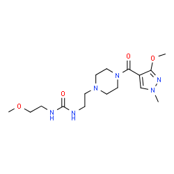 ChemSpider 2D Image | 1-(2-Methoxyethyl)-3-(2-{4-[(3-methoxy-1-methyl-1H-pyrazol-4-yl)carbonyl]-1-piperazinyl}ethyl)urea | C16H28N6O4