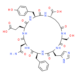 ChemSpider 2D Image | (2S,5S,8S,11S,14S,17S,20S)-11-(2-Amino-2-oxoethyl)-8-benzyl-14-(2-carboxyethyl)-17-(4-hydroxybenzyl)-2-(hydroxymethyl)-5-(1H-imidazol-5-ylmethyl)-3,6,9,12,15,18,23-heptaoxo-1,4,7,10,13,16,19-heptaazac
yclotricosane-20-carboxylic acid | C41H50N10O14